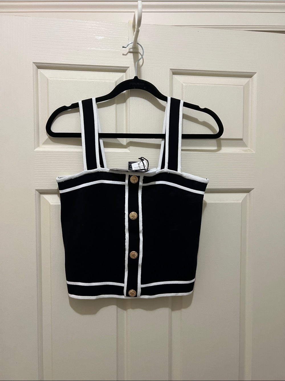 Bailey 44 Black Crop Tank with White Trim & Gold Buttons (sz L)